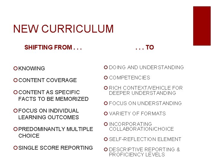 NEW CURRICULUM SHIFTING FROM. . . TO ¡ KNOWING ¡ DOING AND UNDERSTANDING ¡