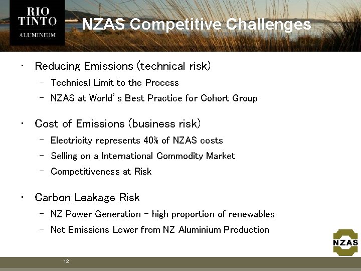 NZAS Competitive Challenges • Reducing Emissions (technical risk) – Technical Limit to the Process NZAS Competitive Challenges • Reducing Emissions (technical risk) – Technical Limit to the Process