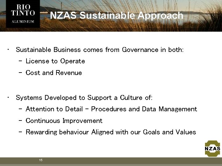 NZAS Sustainable Approach • Sustainable Business comes from Governance in both: – License to NZAS Sustainable Approach • Sustainable Business comes from Governance in both: – License to