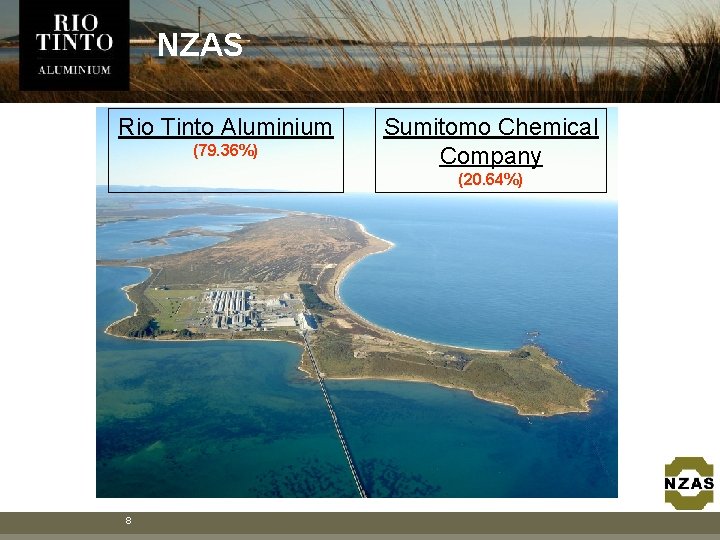 NZAS Rio Tinto Aluminium (79. 36%) Sumitomo Chemical Company (20. 64%) 8 NZAS Rio Tinto Aluminium (79. 36%) Sumitomo Chemical Company (20. 64%) 8