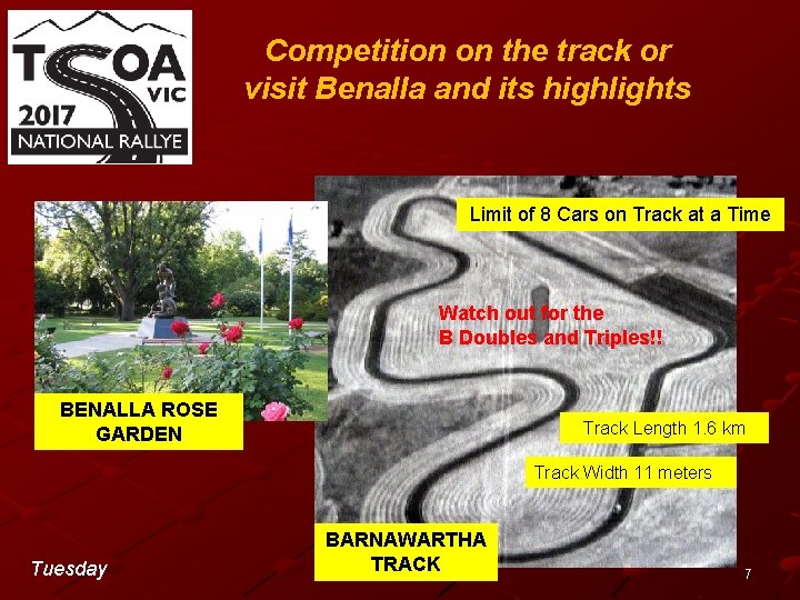 Competition on the track or visit Benalla and its highlights Limit of 8 Cars