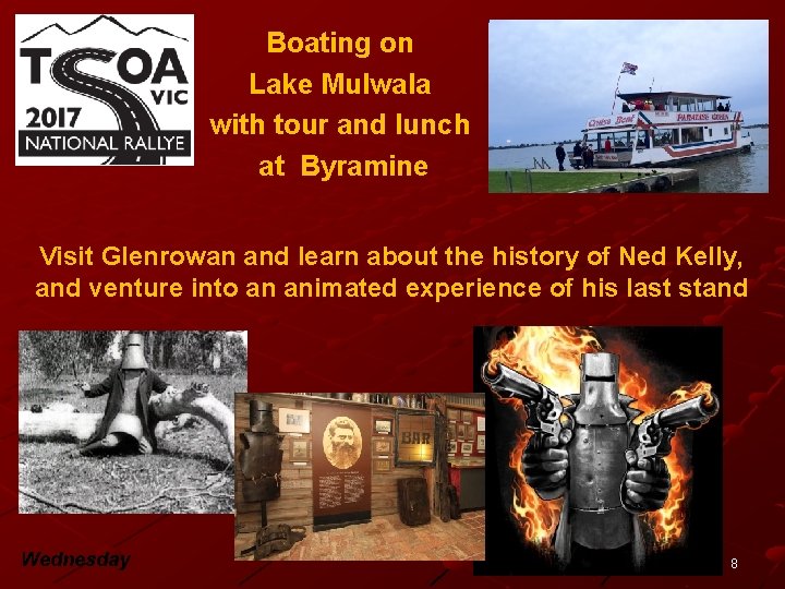 Boating on Lake Mulwala with tour and lunch at Byramine Visit Glenrowan and learn