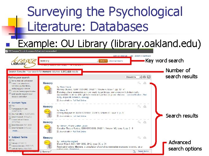 Surveying the Psychological Literature: Databases n Example: OU Library (library. oakland. edu) Key word