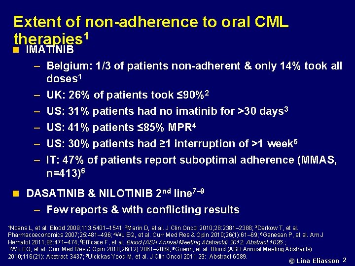 Extent of non-adherence to oral CML therapies 1 n IMATINIB – Belgium: 1/3 of