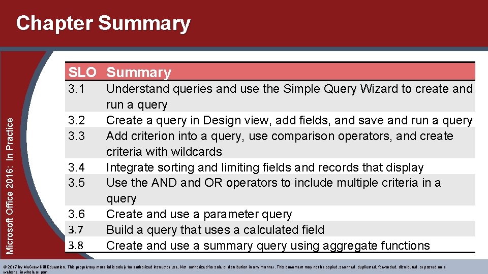 Chapter Summary SLO Summary Microsoft Office 2016: In Practice 3. 1 3. 2 3. Chapter Summary SLO Summary Microsoft Office 2016: In Practice 3. 1 3. 2 3.