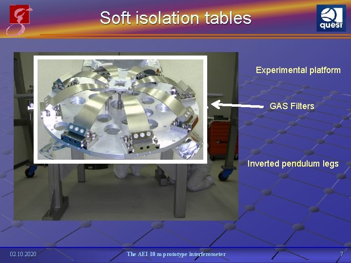 Soft isolation tables Experimental platform GAS Filters Inverted pendulum legs 02. 10. 2020 The