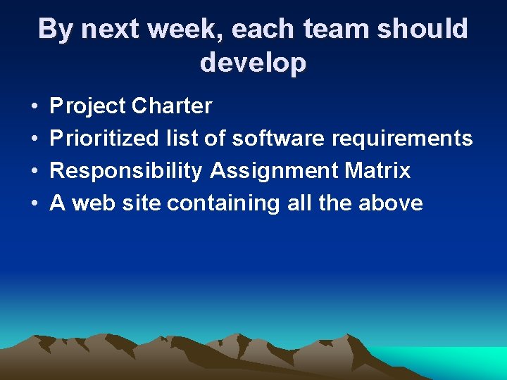 By next week, each team should develop • • Project Charter Prioritized list of By next week, each team should develop • • Project Charter Prioritized list of