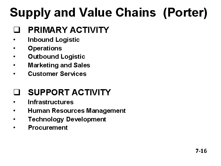 Supply and Value Chains (Porter) q PRIMARY ACTIVITY • • • Inbound Logistic Operations