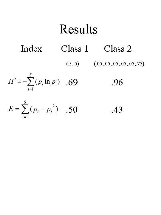 Results Index Class 1 (. 5, . 5) Class 2 (. 05, . 75)