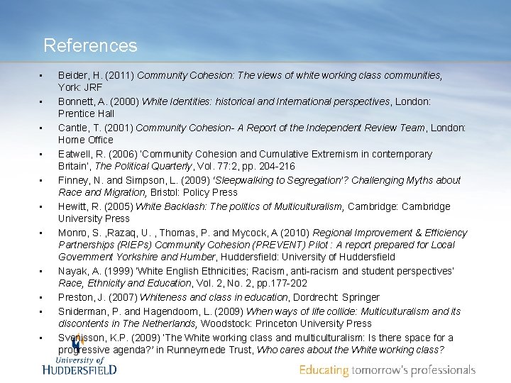 References • • • Beider, H. (2011) Community Cohesion: The views of white working