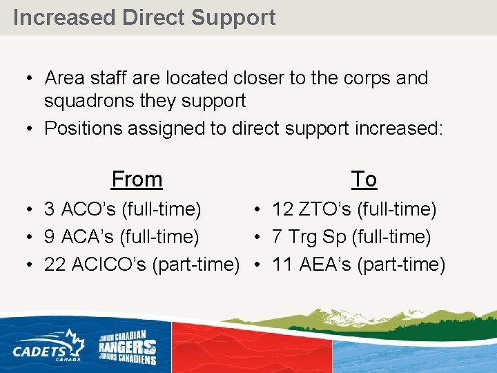 Increased Direct Support • Area staff are located closer to the corps and squadrons