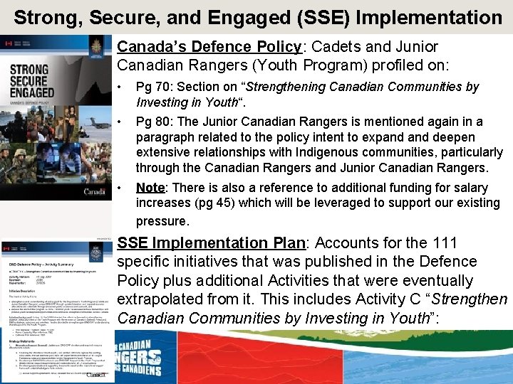 Strong, Secure, and Engaged (SSE) Implementation Canada’s Defence Policy: Cadets and Junior Canadian Rangers