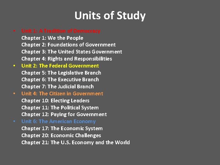 Units of Study • • Unit 1: A Tradition of Democracy Chapter 1: We