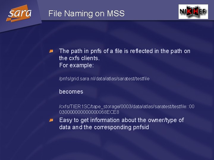 File Naming on MSS The path in pnfs of a file is reflected in