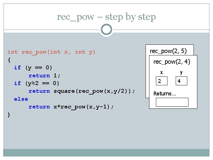 rec_pow – step by step int rec_pow(int x, int y) { if (y ==