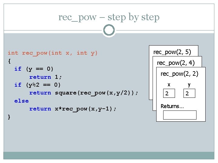 rec_pow – step by step int rec_pow(int x, int y) { if (y ==