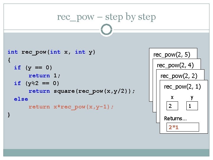 rec_pow – step by step int rec_pow(int x, int y) { if (y ==