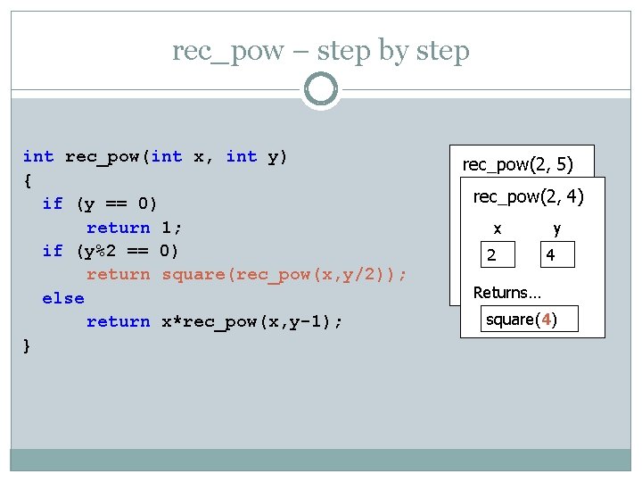 rec_pow – step by step int rec_pow(int x, int y) { if (y ==