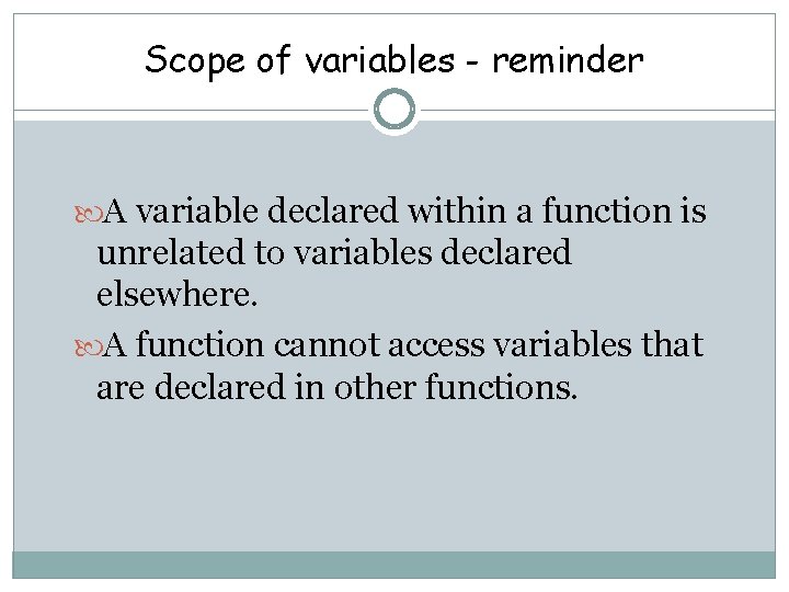 Scope of variables - reminder A variable declared within a function is unrelated to