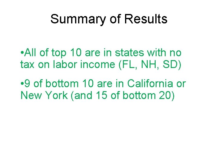 Summary of Results • All of top 10 are in states with no tax Summary of Results • All of top 10 are in states with no tax