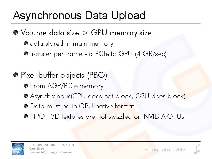 Asynchronous Data Upload Volume data size > GPU memory size data stored in main Asynchronous Data Upload Volume data size > GPU memory size data stored in main