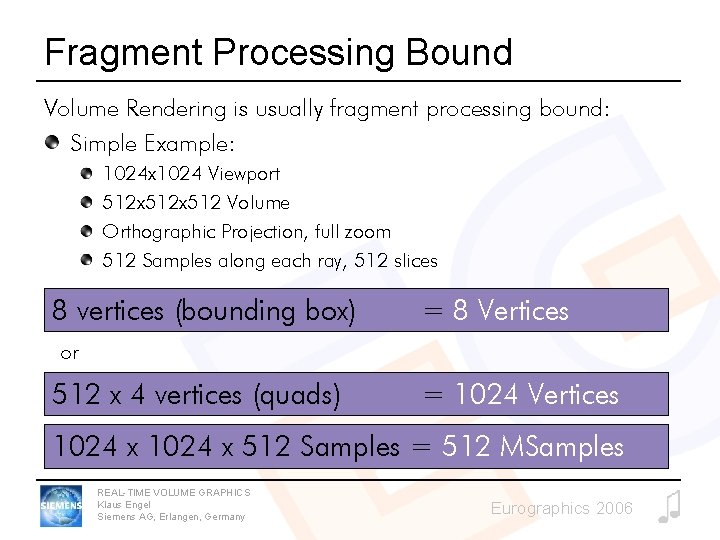 Fragment Processing Bound Volume Rendering is usually fragment processing bound: Simple Example: 1024 x