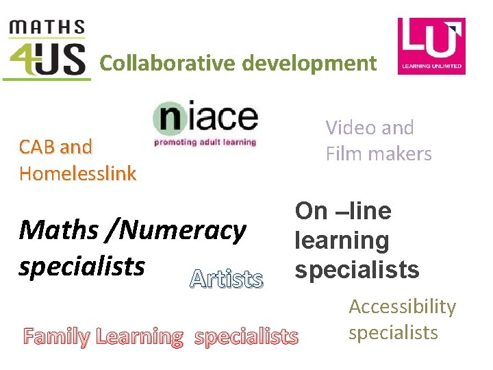 Collaborative development Video and Film makers CAB and Homelesslink Maths /Numeracy specialists Artists On