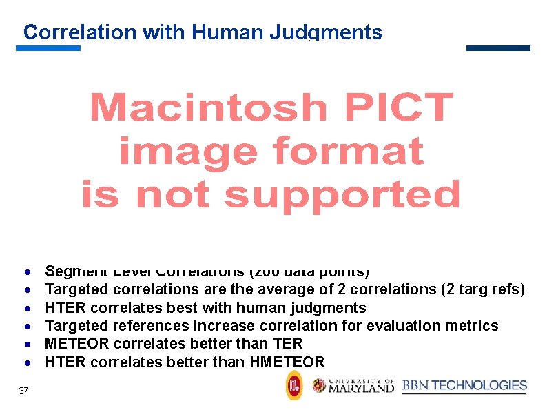 Correlation with Human Judgments · · · 37 Segment Level Correlations (200 data points)