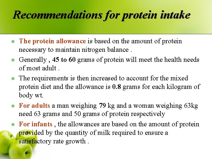 Recommendations for protein intake l l l The protein allowance is based on the Recommendations for protein intake l l l The protein allowance is based on the