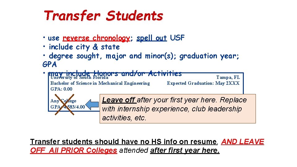 Transfer Students • use reverse chronology; spell out USF • include city & state