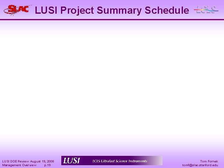 LUSI Project Summary Schedule LUSI DOE Review August 19, 2008 Management Overview p. 19