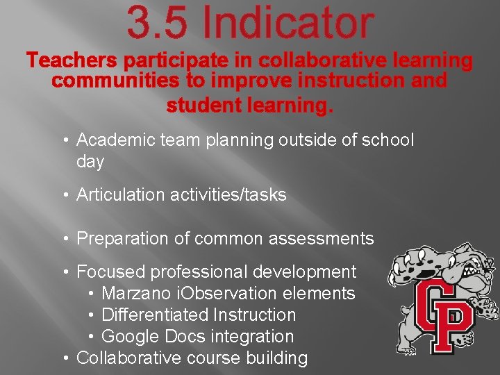 3. 5 Indicator Teachers participate in collaborative learning communities to improve instruction and student