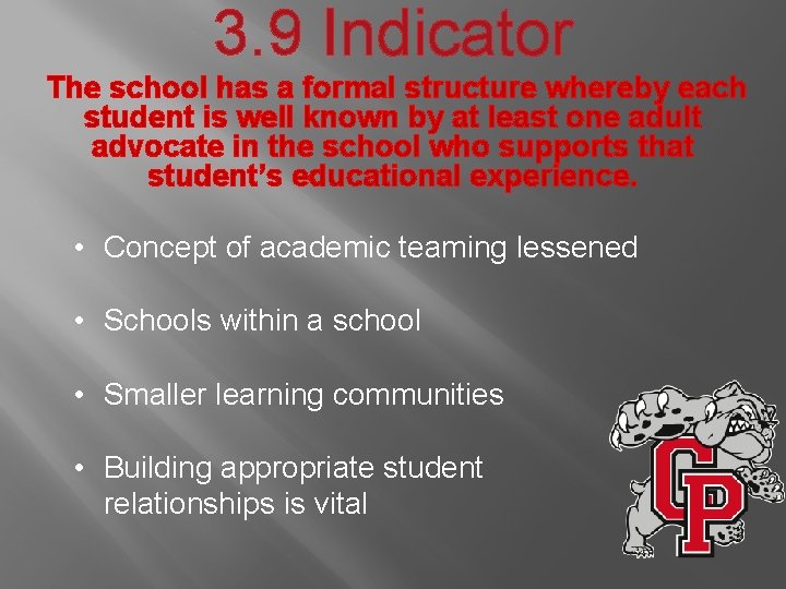 3. 9 Indicator The school has a formal structure whereby each student is well