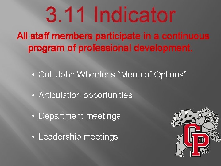 3. 11 Indicator All staff members participate in a continuous program of professional development.