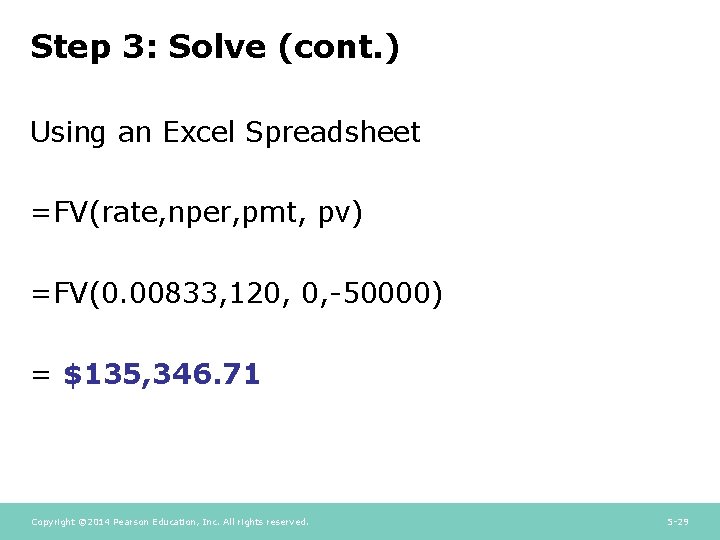 Step 3: Solve (cont. ) Using an Excel Spreadsheet =FV(rate, nper, pmt, pv) =FV(0.
