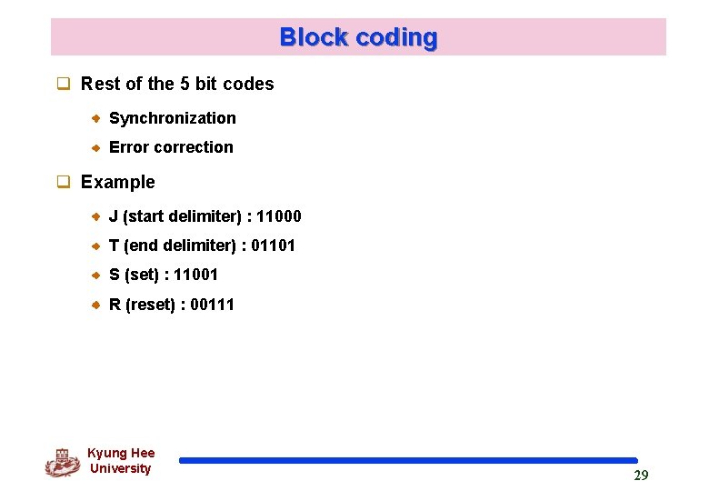 Block coding q Rest of the 5 bit codes Synchronization Error correction q Example