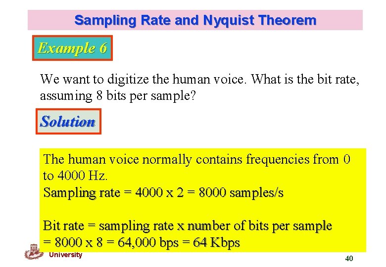 Sampling Rate and Nyquist Theorem Example 6 We want to digitize the human voice.