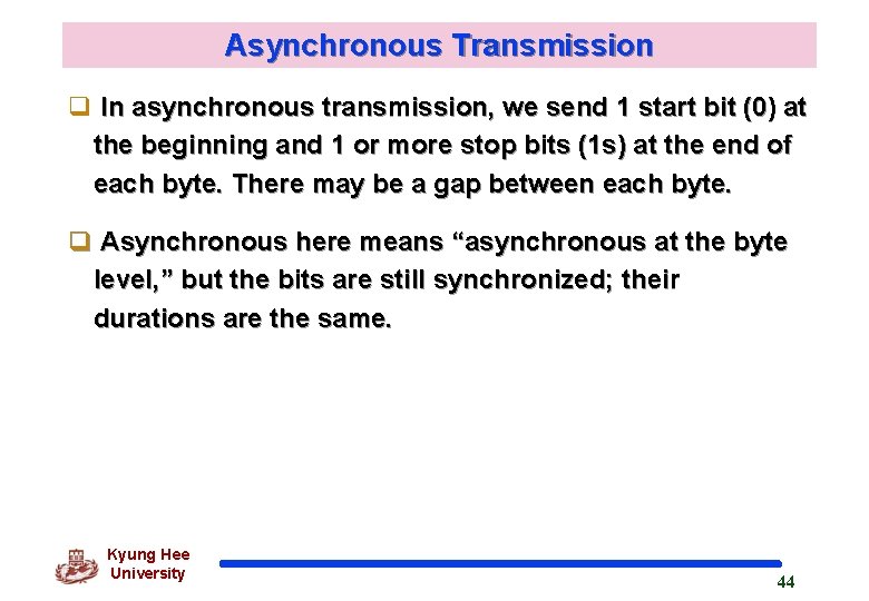 Asynchronous Transmission q In asynchronous transmission, we send 1 start bit (0) at the