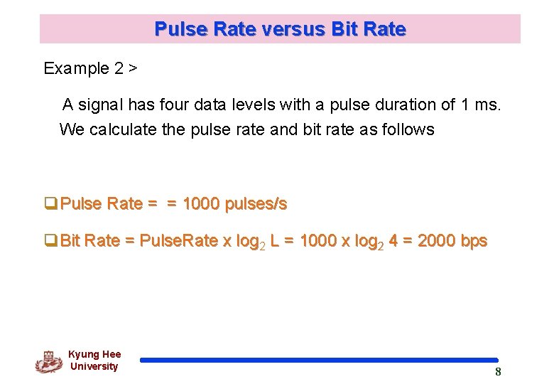 Pulse Rate versus Bit Rate Example 2 > A signal has four data levels
