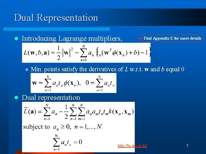 Dual Representation l Introducing Lagrange multipliers, Find Appendix E for more details ¨ Min.
