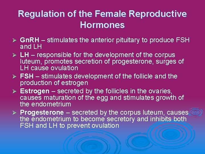 Regulation of the Female Reproductive Hormones Ø Ø Ø Gn. RH – stimulates the