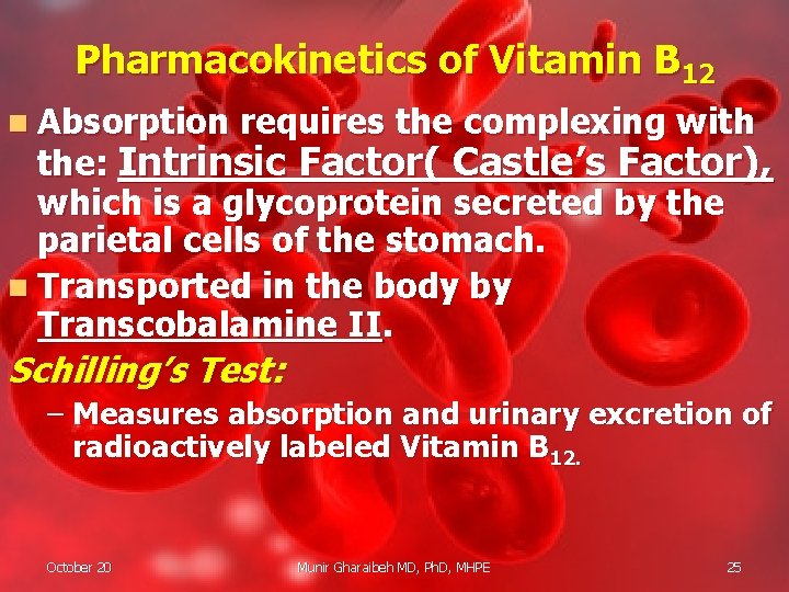 Pharmacokinetics of Vitamin B 12 n Absorption requires the complexing with the: Intrinsic Factor(