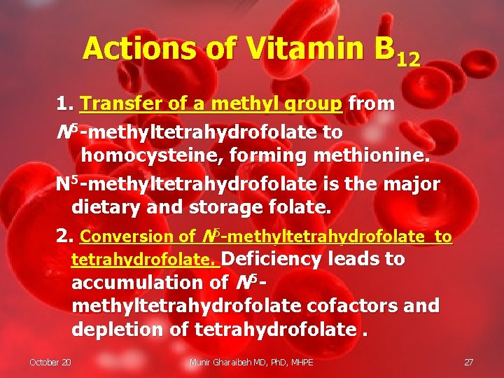 Actions of Vitamin B 12 1. Transfer of a methyl group from N 5