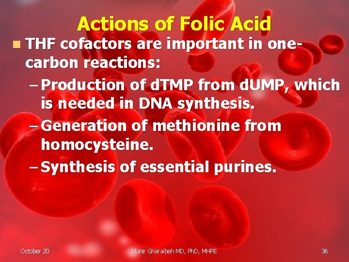 n THF Actions of Folic Acid cofactors are important in onecarbon reactions: – Production