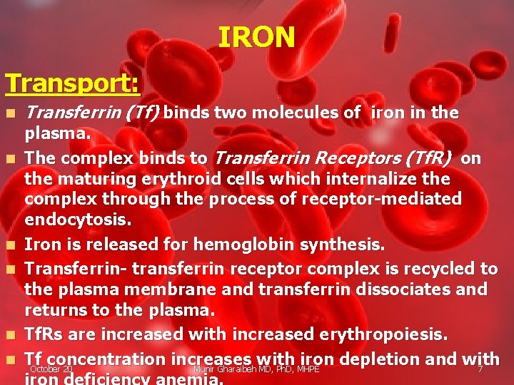 IRON Transport: n n n Transferrin (Tf) binds two molecules of iron in the