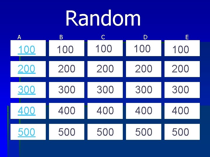 Random A B C D E 100 100 100 200 200 200 300 300