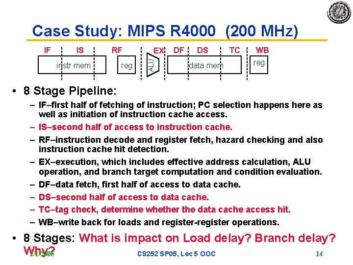 Case Study: MIPS R 4000 (200 MHz) IS RF instr mem reg EX ALU