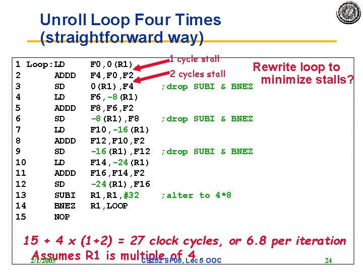 Unroll Loop Four Times (straightforward way) 1 Loop: LD 2 ADDD 3 SD 4