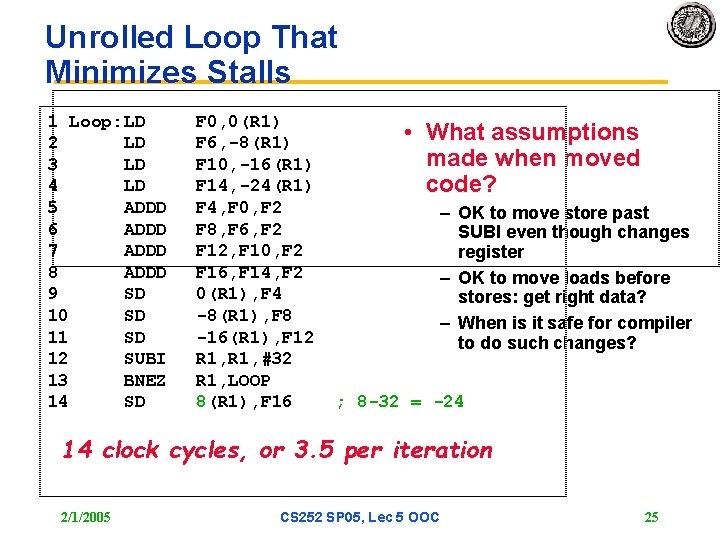 Unrolled Loop That Minimizes Stalls 1 Loop: LD 2 LD 3 LD 4 LD