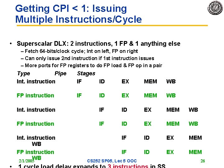Getting CPI < 1: Issuing Multiple Instructions/Cycle • Superscalar DLX: 2 instructions, 1 FP